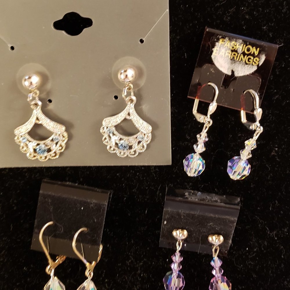4 pair ladies handmade pierced silvertone Swarovski earrings crystal AB lilac AB
